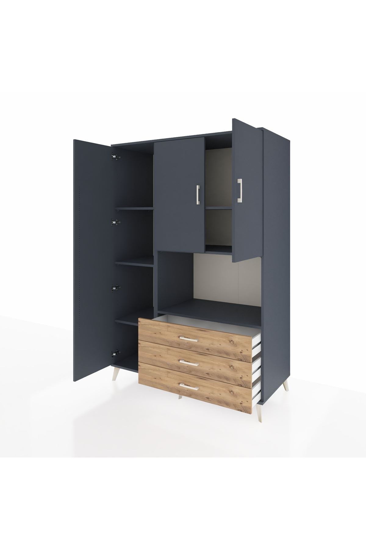 Kronos Dolap 6 Raflı 3 Çekmeceli 3 Kapaklı 132x59x195 Antrasit-Antrasit/Çam