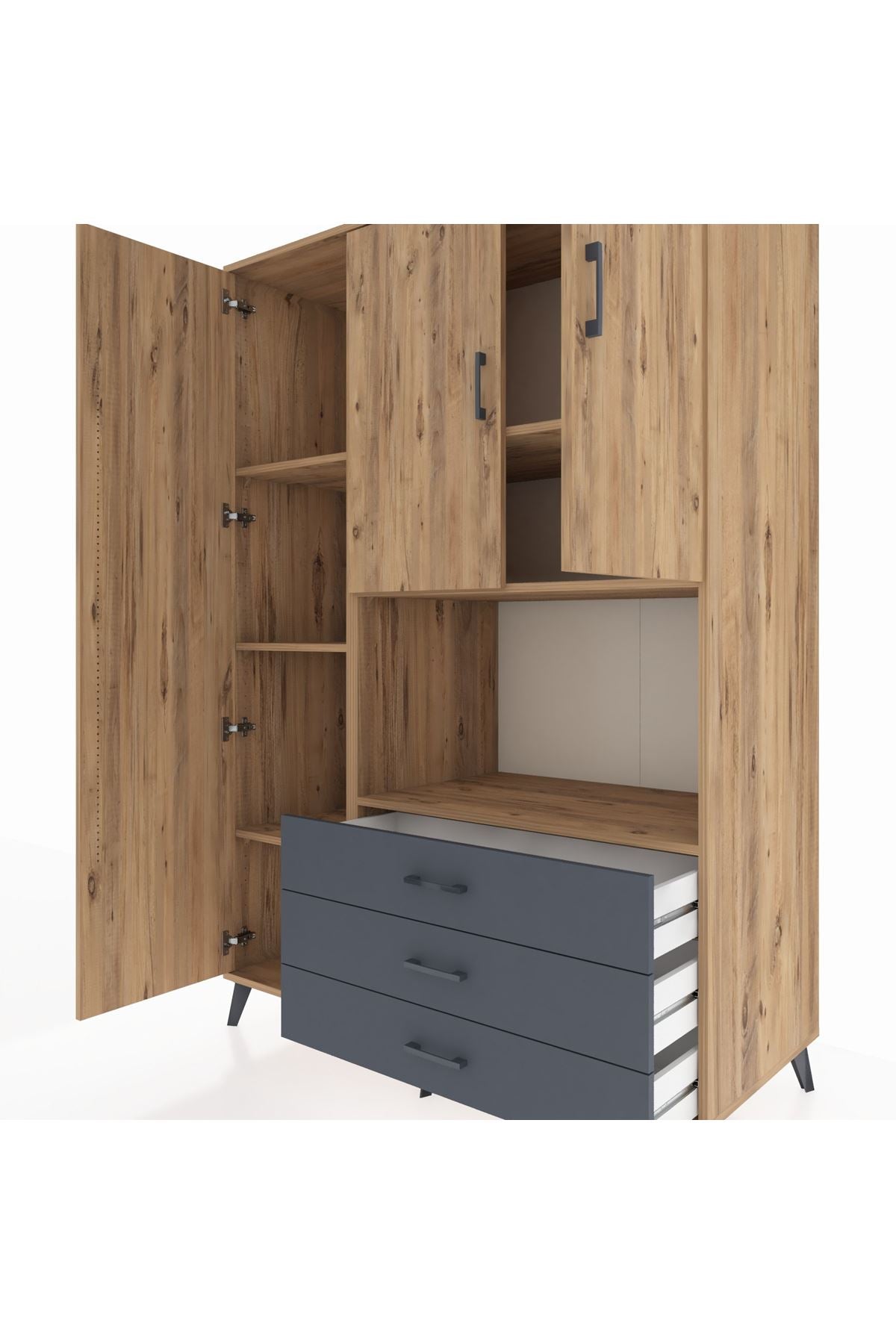 Kronos Dolap 6 Raflı 3 Çekmeceli 3 Kapaklı 132x59x195 Çam-Çam/Antrasit