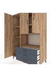 Kronos Dolap 6 Raflı 3 Çekmeceli 3 Kapaklı 132x59x195 Çam-Çam/Antrasit