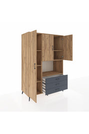 Kronos Dolap 6 Raflı 3 Çekmeceli 3 Kapaklı 132x59x195 Çam-Çam/Antrasit