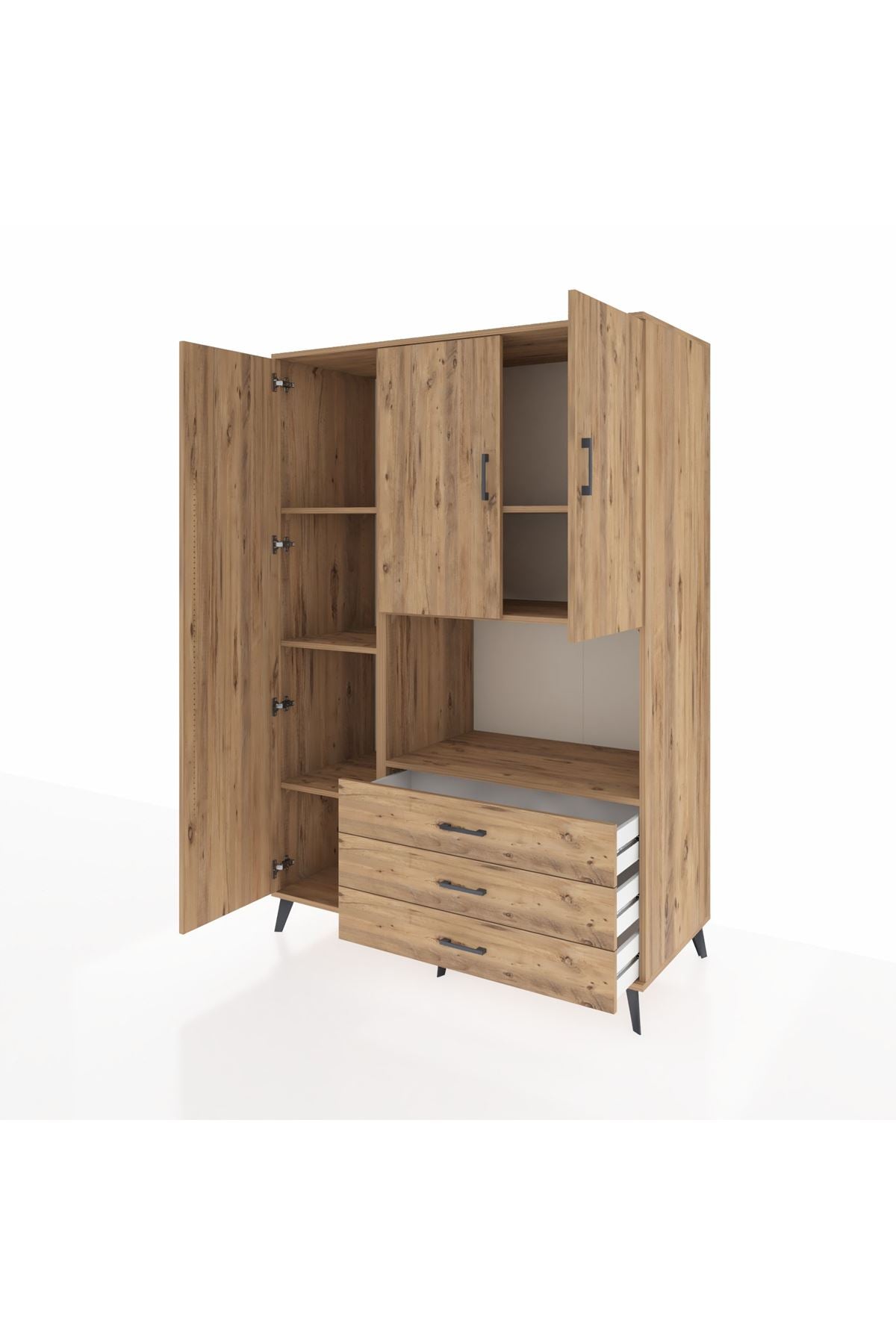 Kronos Dolap 6 Raflı 3 Çekmeceli 3 Kapaklı 132x59x195 Çam-Çam/Çam