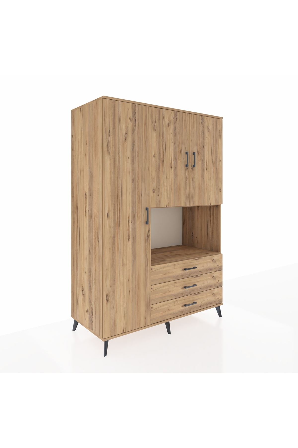 Kronos Dolap 6 Raflı 3 Çekmeceli 3 Kapaklı 132x59x195 Çam-Çam/Çam