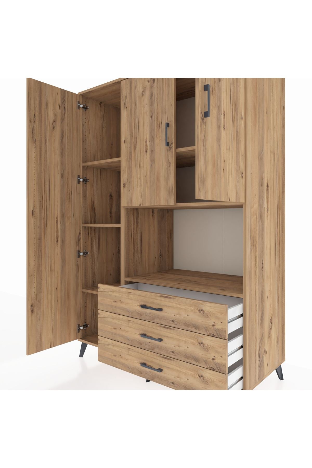 Kronos Dolap 6 Raflı 3 Çekmeceli 3 Kapaklı 132x59x195 Çam-Çam/Çam