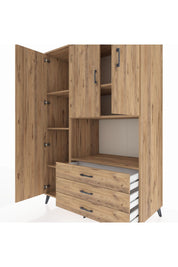 Kronos Dolap 6 Raflı 3 Çekmeceli 3 Kapaklı 132x59x195 Çam-Çam/Çam