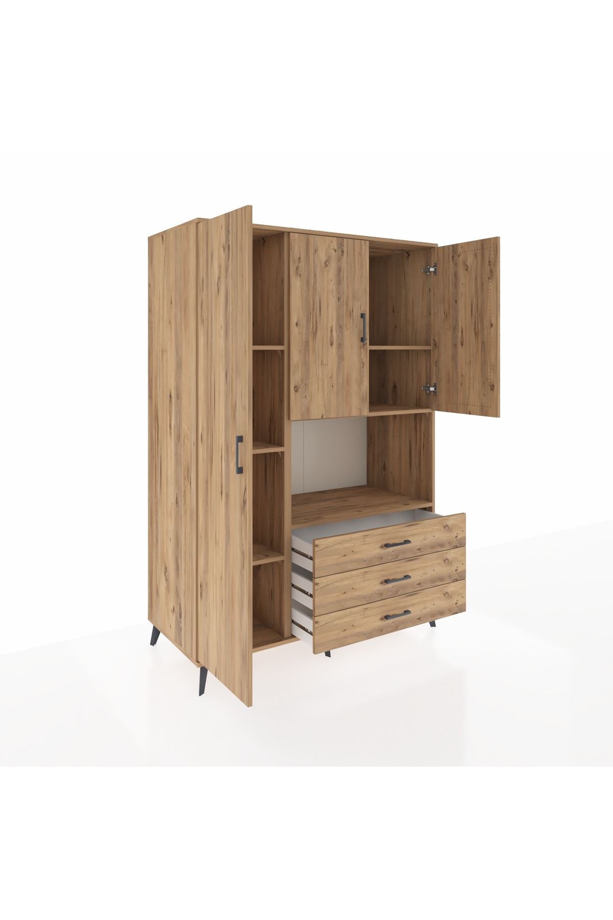 Kronos Dolap 6 Raflı 3 Çekmeceli 3 Kapaklı 132x59x195 Çam-Çam/Çam