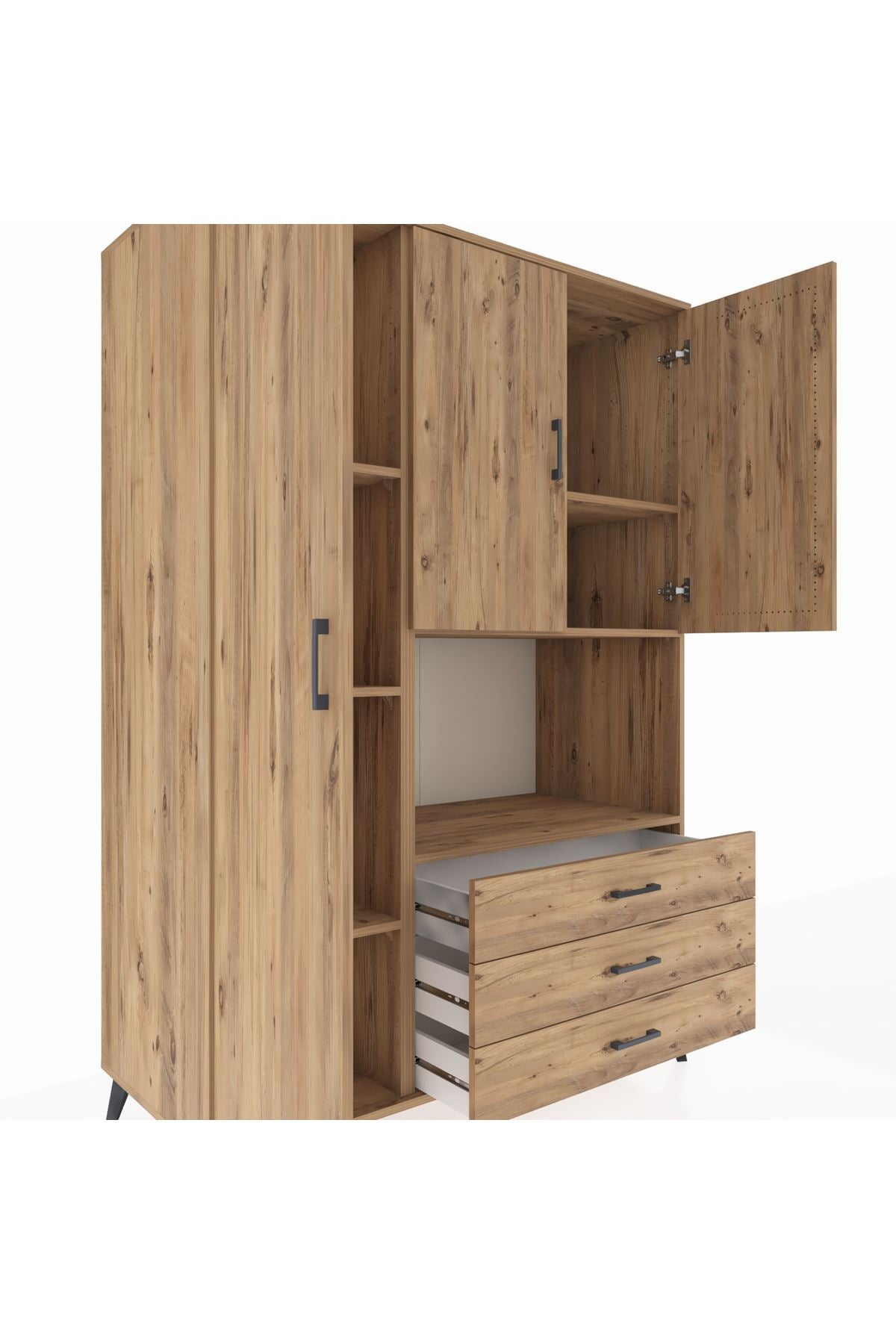 Kronos Dolap 6 Raflı 3 Çekmeceli 3 Kapaklı 132x59x195 Çam-Çam/Çam