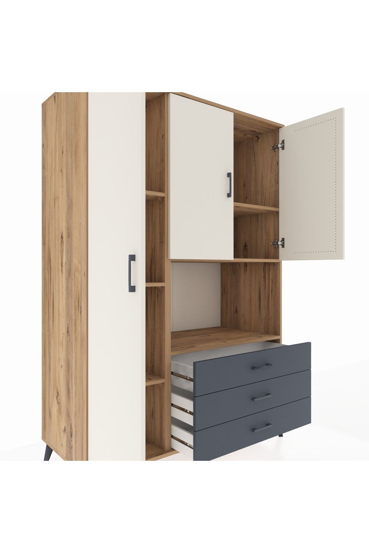 Kronos Dolap 6 Raflı 3 Çekmeceli 3 Kapaklı 132x59x195 Çam-Aytaşı/Antrasit