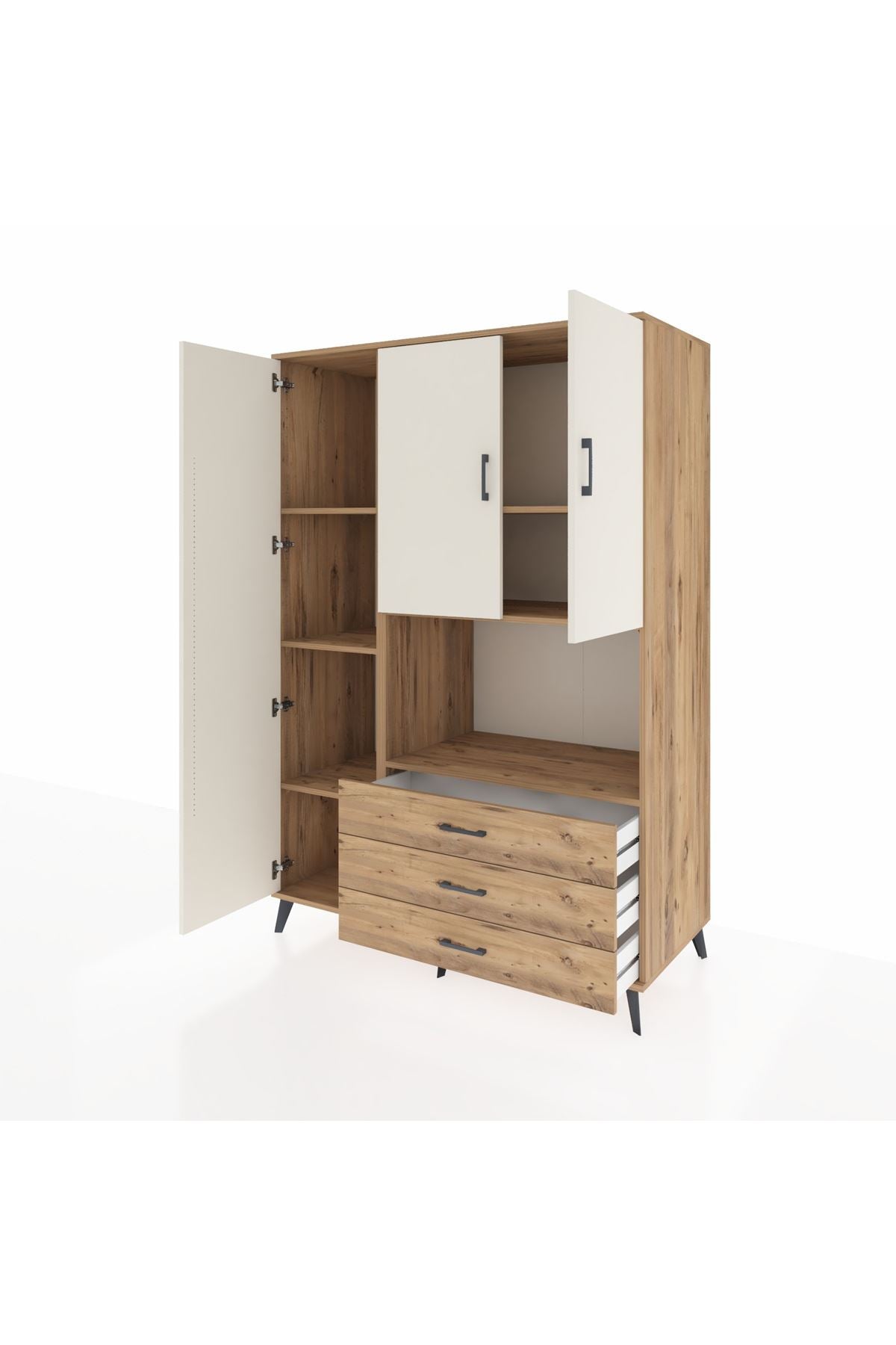 Kronos Dolap 6 Raflı 3 Çekmeceli 3 Kapaklı 132x59x195 Çam-Aytaşı/Çam