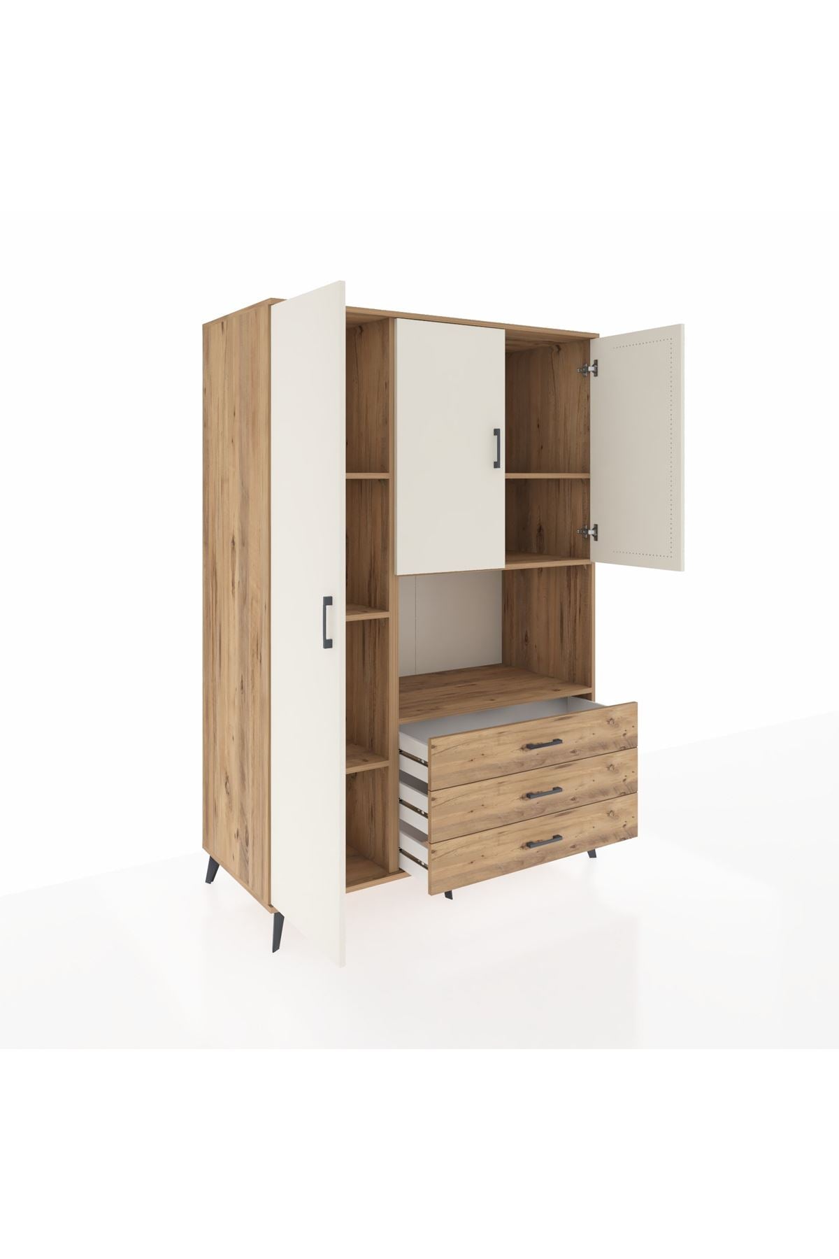 Kronos Dolap 6 Raflı 3 Çekmeceli 3 Kapaklı 132x59x195 Çam-Aytaşı/Çam