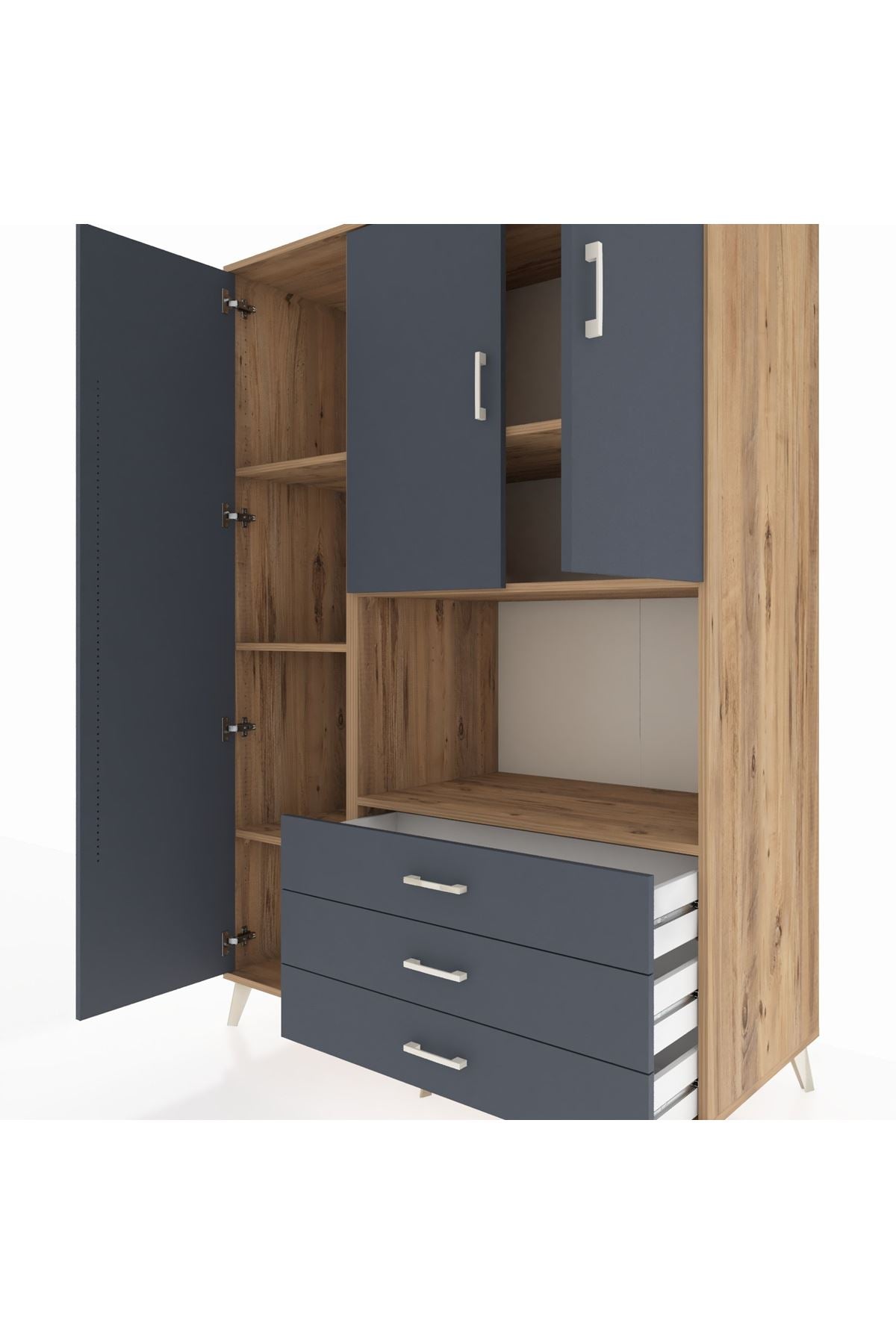 Kronos Dolap 6 Raflı 3 Çekmeceli 3 Kapaklı 132x59x195 Çam-Antrasit/Antrasit