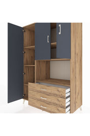 Kronos Dolap 6 Raflı 3 Çekmeceli 3 Kapaklı 132x59x195 Çam-Antrasit/Çam