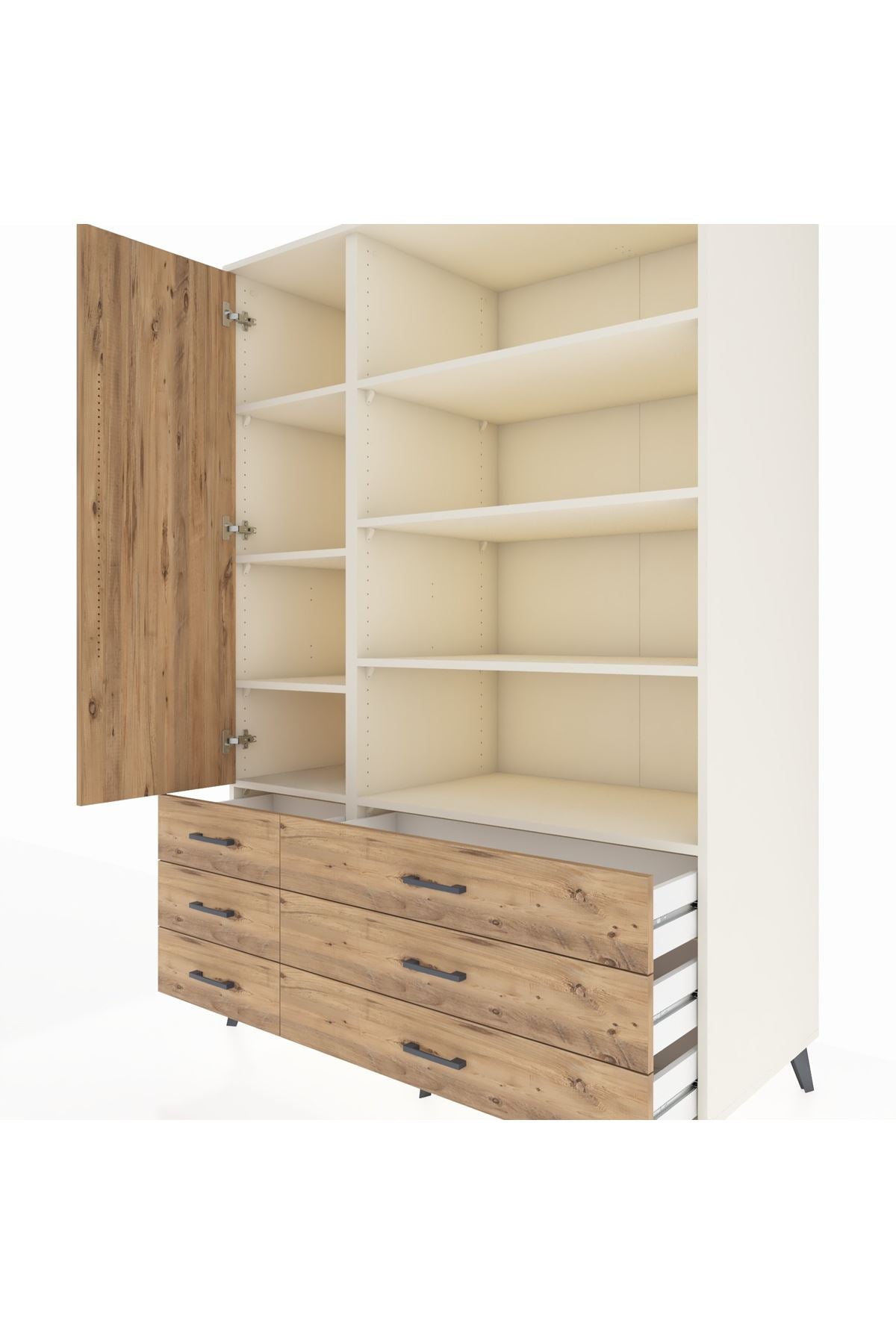 Kronos Dolap 8 Raflı 6 Çekmeceli Tek Kapaklı 132x59x195 Aytaşı-Çam/Çam
