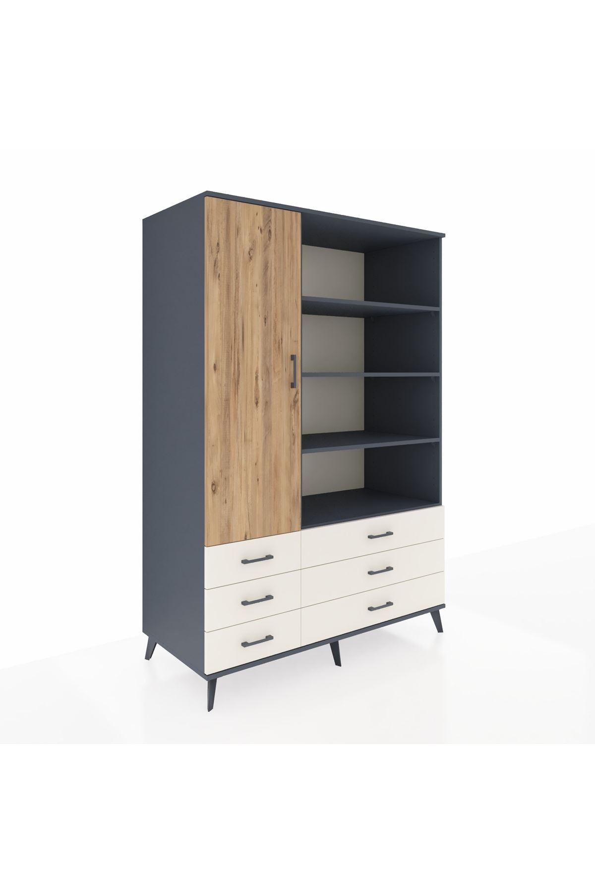 Kronos Dolap 8 Raflı 6 Çekmeceli Tek Kapaklı 132x59x195 Antrasit-Çam/Aytaşı