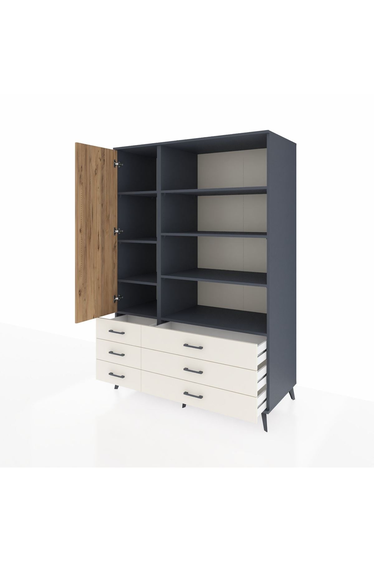 Kronos Dolap 8 Raflı 6 Çekmeceli Tek Kapaklı 132x59x195 Antrasit-Çam/Aytaşı