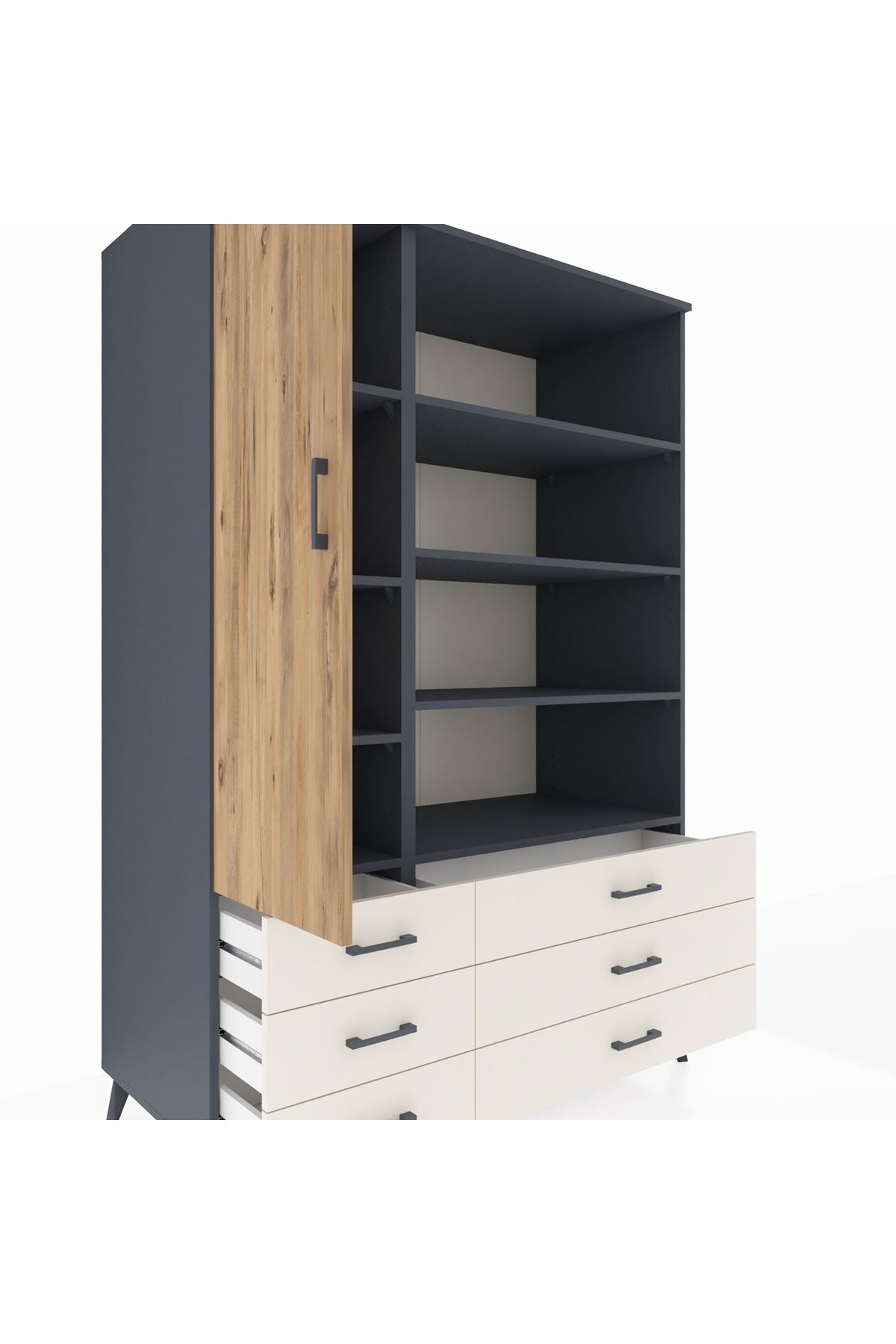 Kronos Dolap 8 Raflı 6 Çekmeceli Tek Kapaklı 132x59x195 Antrasit-Çam/Aytaşı