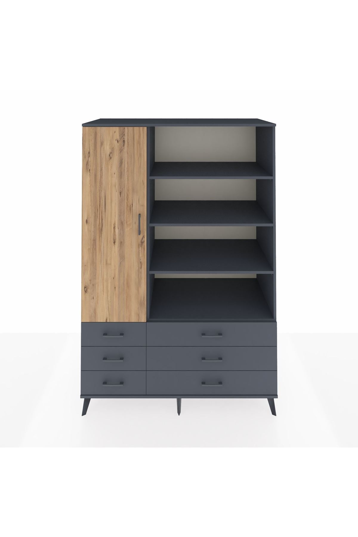 Kronos Dolap 8 Raflı 6 Çekmeceli Tek Kapaklı 132x59x195 Antrasit-Çam/Antrasit
