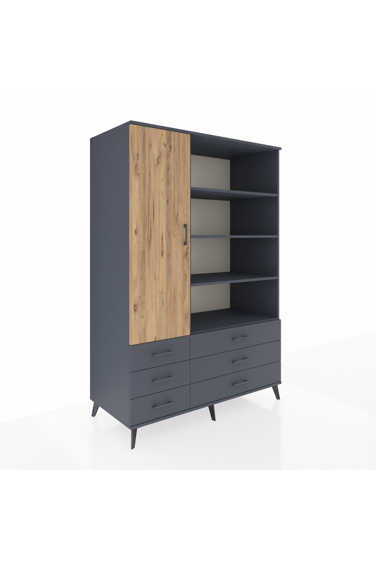 Kronos Dolap 8 Raflı 6 Çekmeceli Tek Kapaklı 132x59x195 Antrasit-Çam/Antrasit