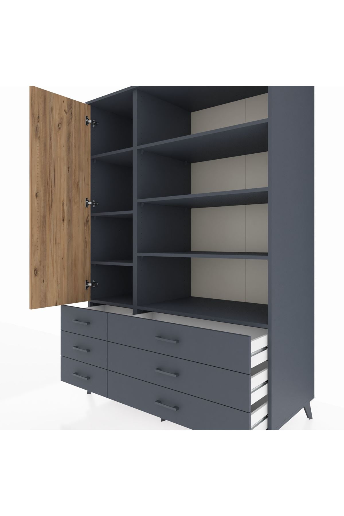 Kronos Dolap 8 Raflı 6 Çekmeceli Tek Kapaklı 132x59x195 Antrasit-Çam/Antrasit
