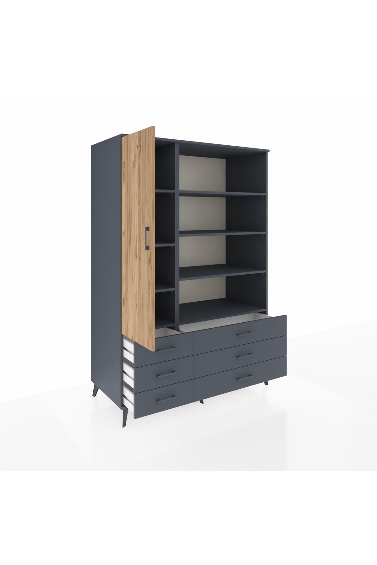 Kronos Dolap 8 Raflı 6 Çekmeceli Tek Kapaklı 132x59x195 Antrasit-Çam/Antrasit