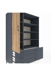 Kronos Dolap 8 Raflı 6 Çekmeceli Tek Kapaklı 132x59x195 Antrasit-Çam/Antrasit