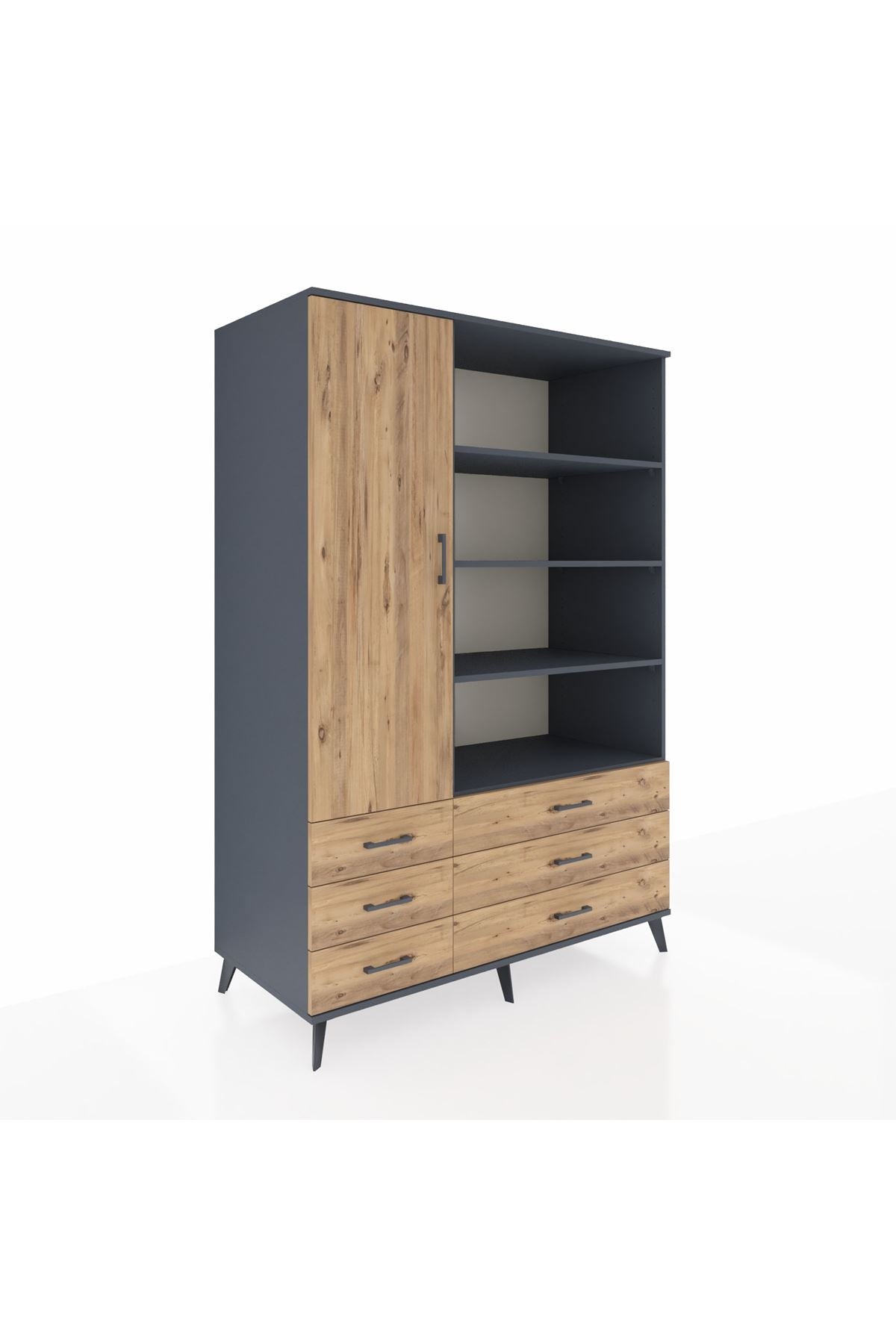 Kronos Dolap 8 Raflı 6 Çekmeceli Tek Kapaklı 132x59x195 Antrasit-Çam/Çam
