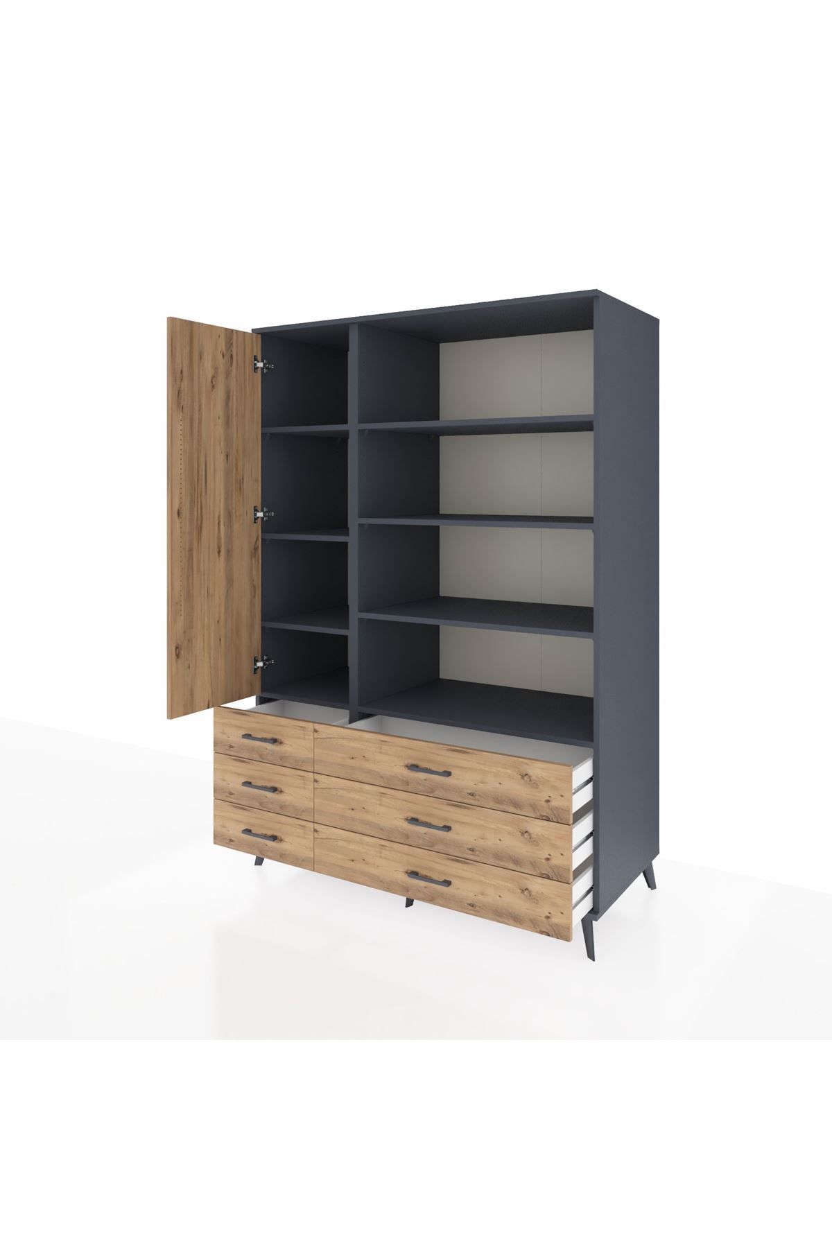 Kronos Dolap 8 Raflı 6 Çekmeceli Tek Kapaklı 132x59x195 Antrasit-Çam/Çam