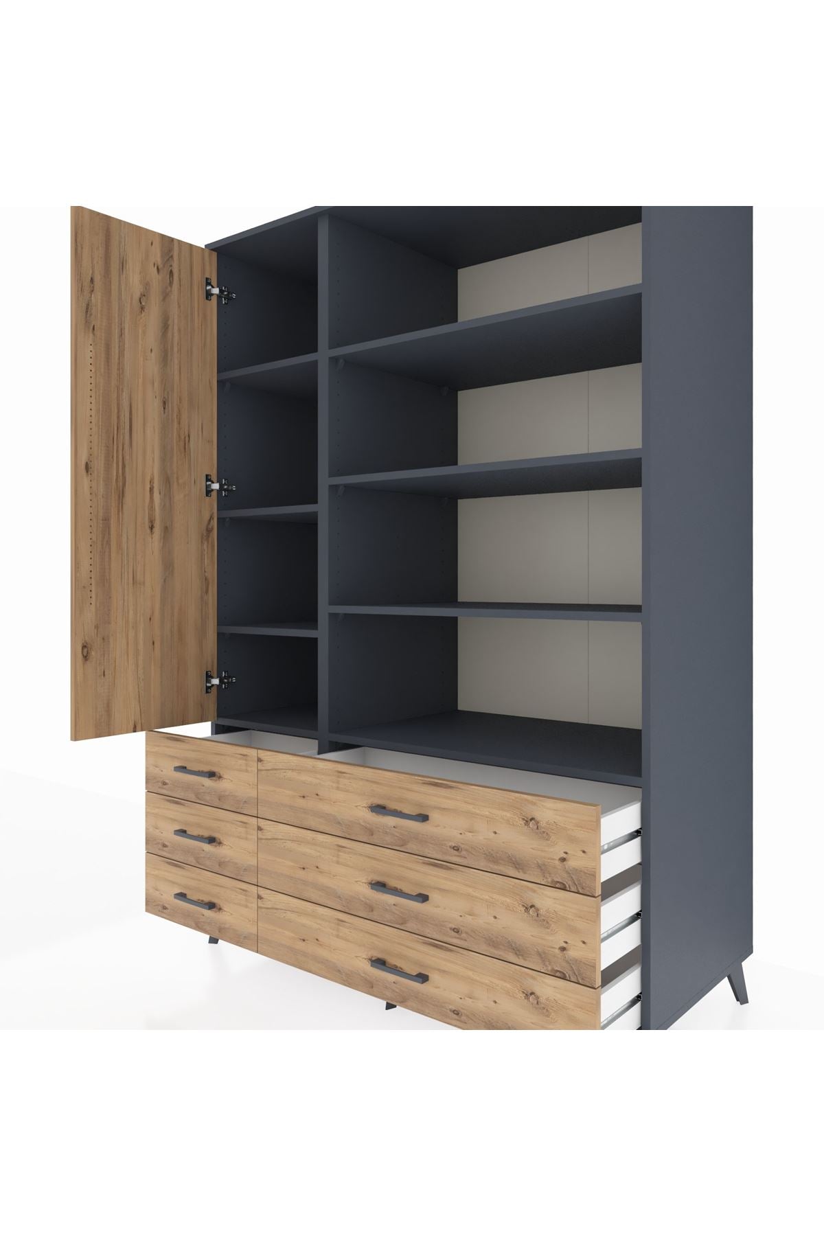 Kronos Dolap 8 Raflı 6 Çekmeceli Tek Kapaklı 132x59x195 Antrasit-Çam/Çam