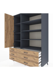 Kronos Dolap 8 Raflı 6 Çekmeceli Tek Kapaklı 132x59x195 Antrasit-Çam/Çam