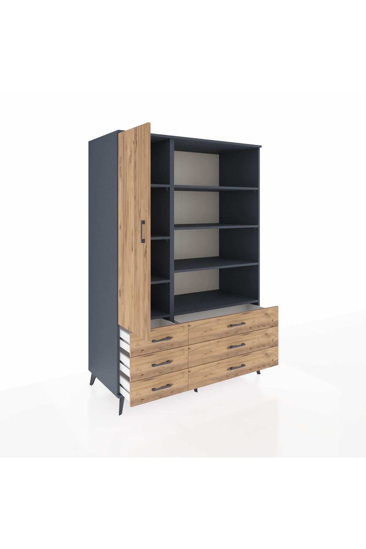 Kronos Dolap 8 Raflı 6 Çekmeceli Tek Kapaklı 132x59x195 Antrasit-Çam/Çam