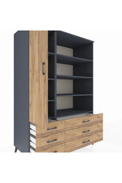 Kronos Dolap 8 Raflı 6 Çekmeceli Tek Kapaklı 132x59x195 Antrasit-Çam/Çam