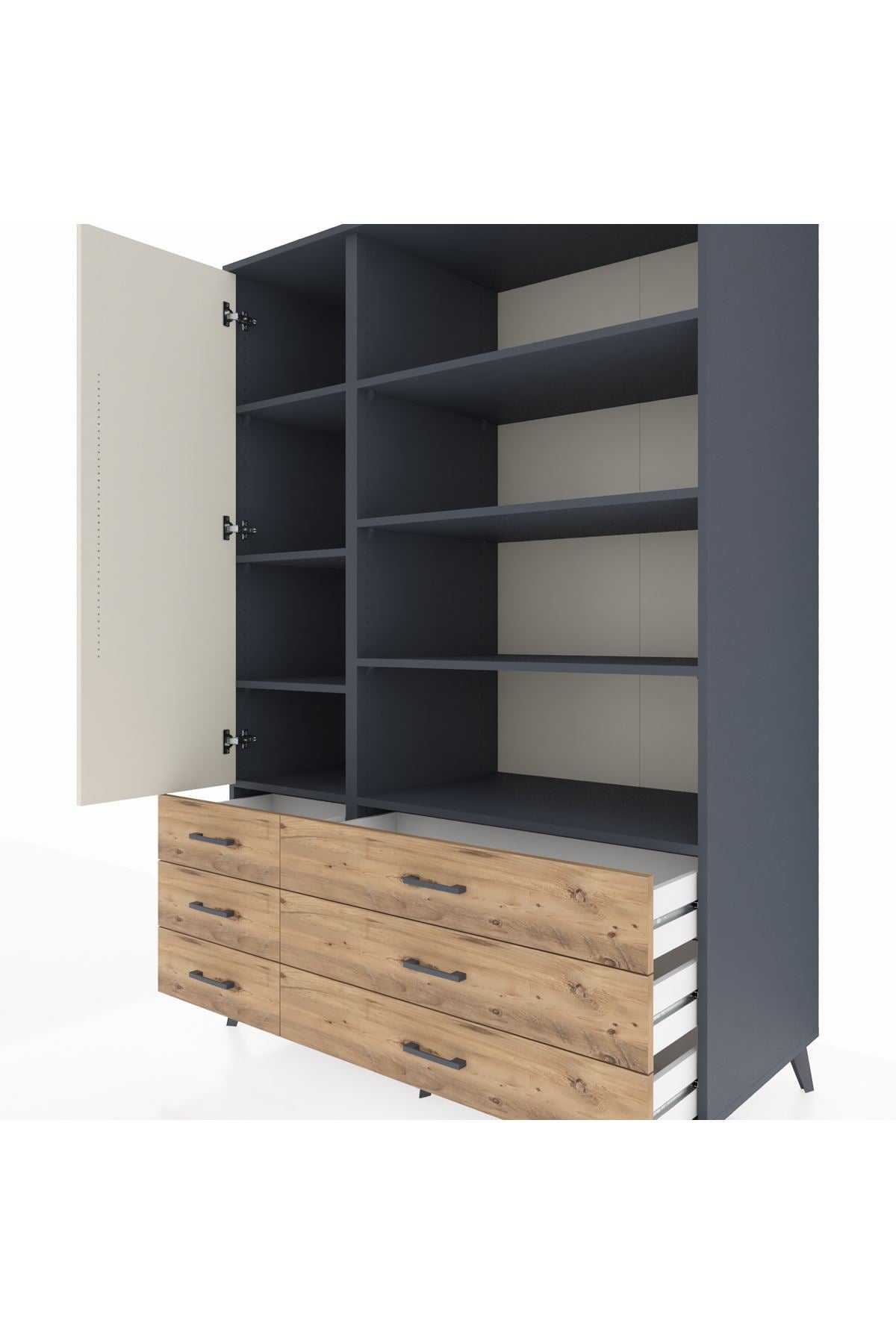 Kronos Dolap 8 Raflı 6 Çekmeceli Tek Kapaklı 132x59x195 Antrasit-Aytaşı/Çam
