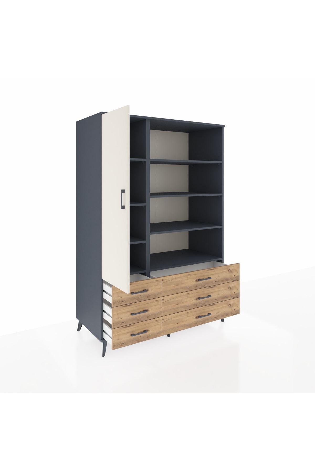 Kronos Dolap 8 Raflı 6 Çekmeceli Tek Kapaklı 132x59x195 Antrasit-Aytaşı/Çam