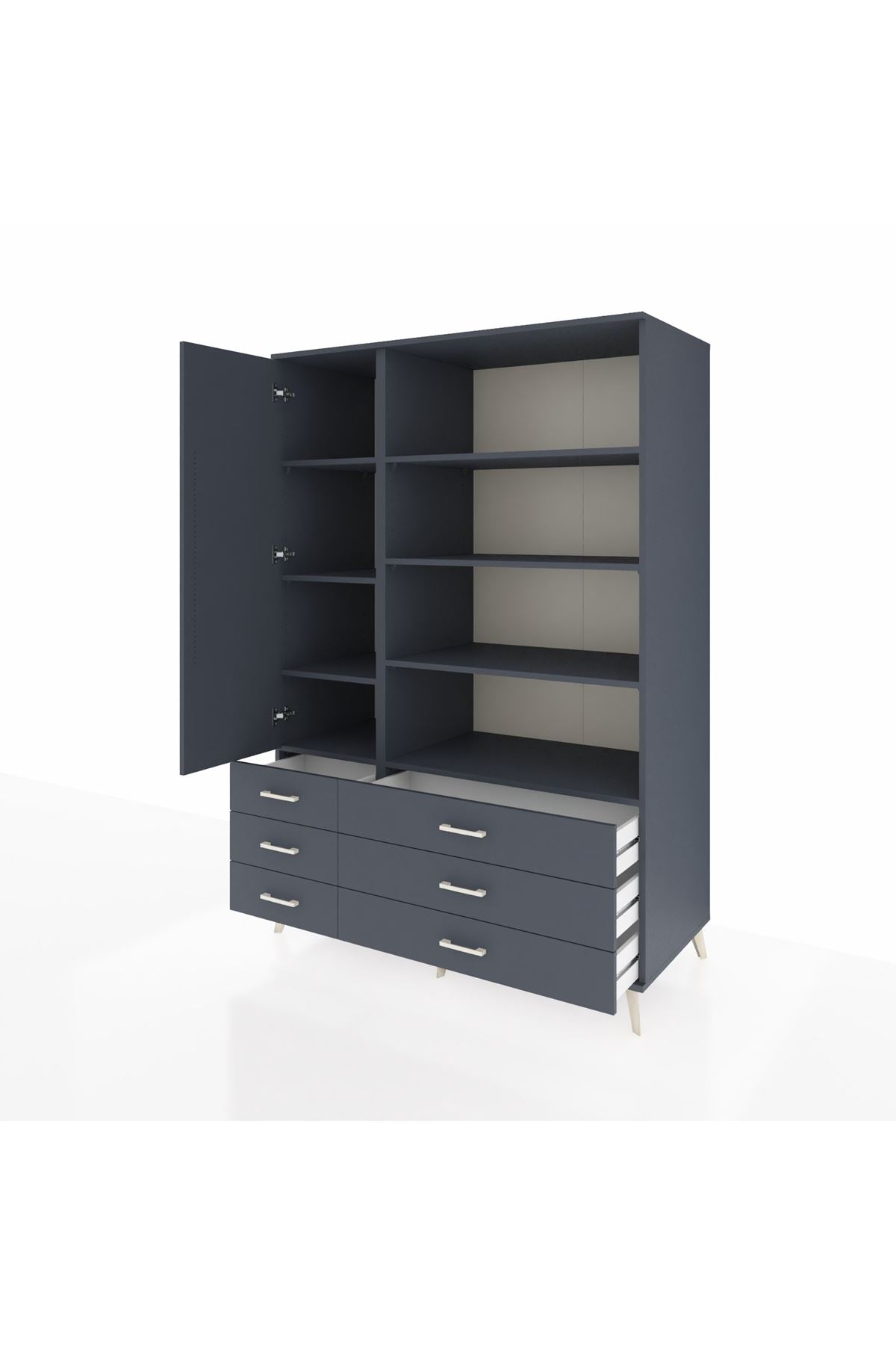 Kronos Dolap 8 Raflı 6 Çekmeceli Tek Kapaklı 132x59x195 Antrasit-Antrasit/Antrasit