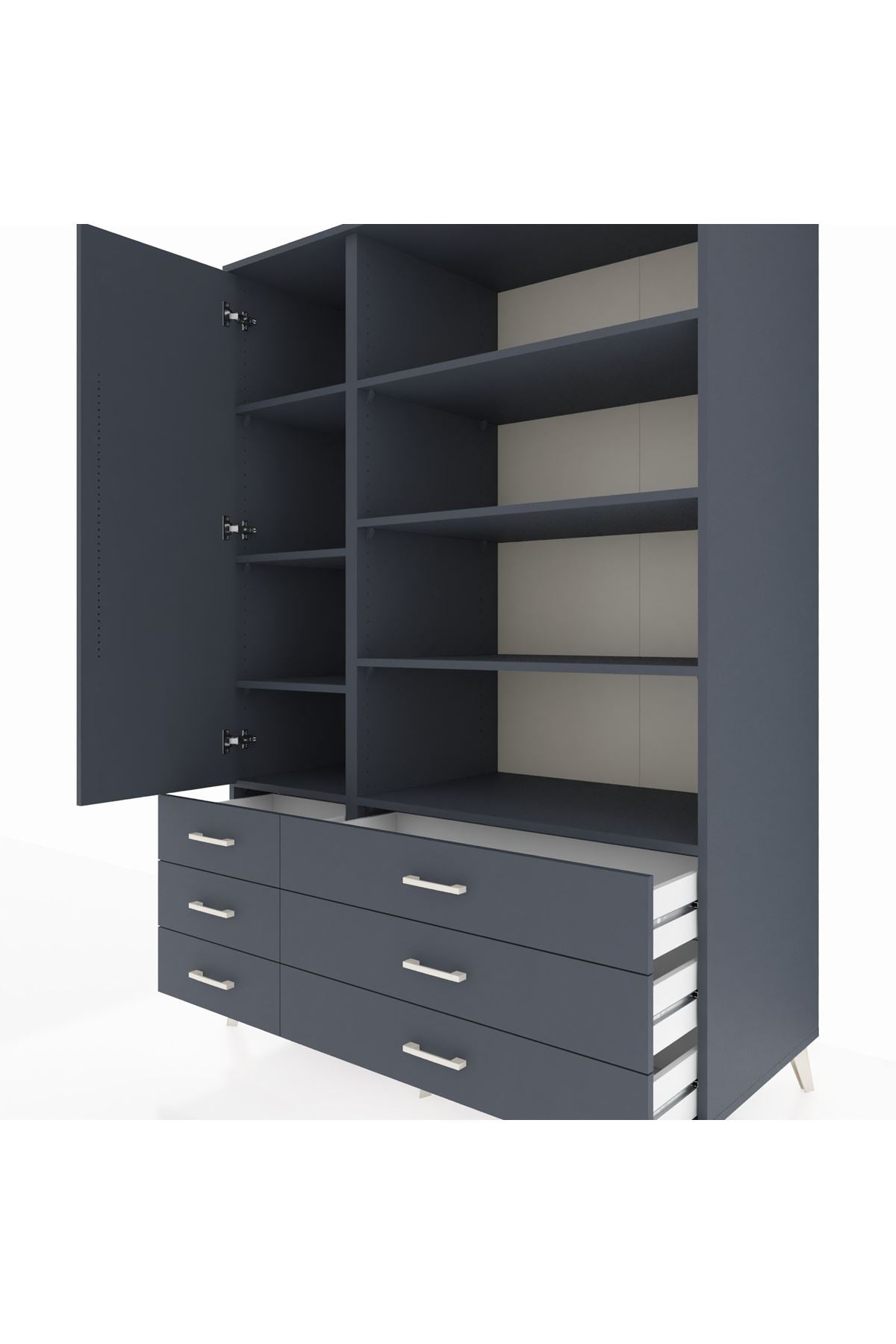 Kronos Dolap 8 Raflı 6 Çekmeceli Tek Kapaklı 132x59x195 Antrasit-Antrasit/Antrasit