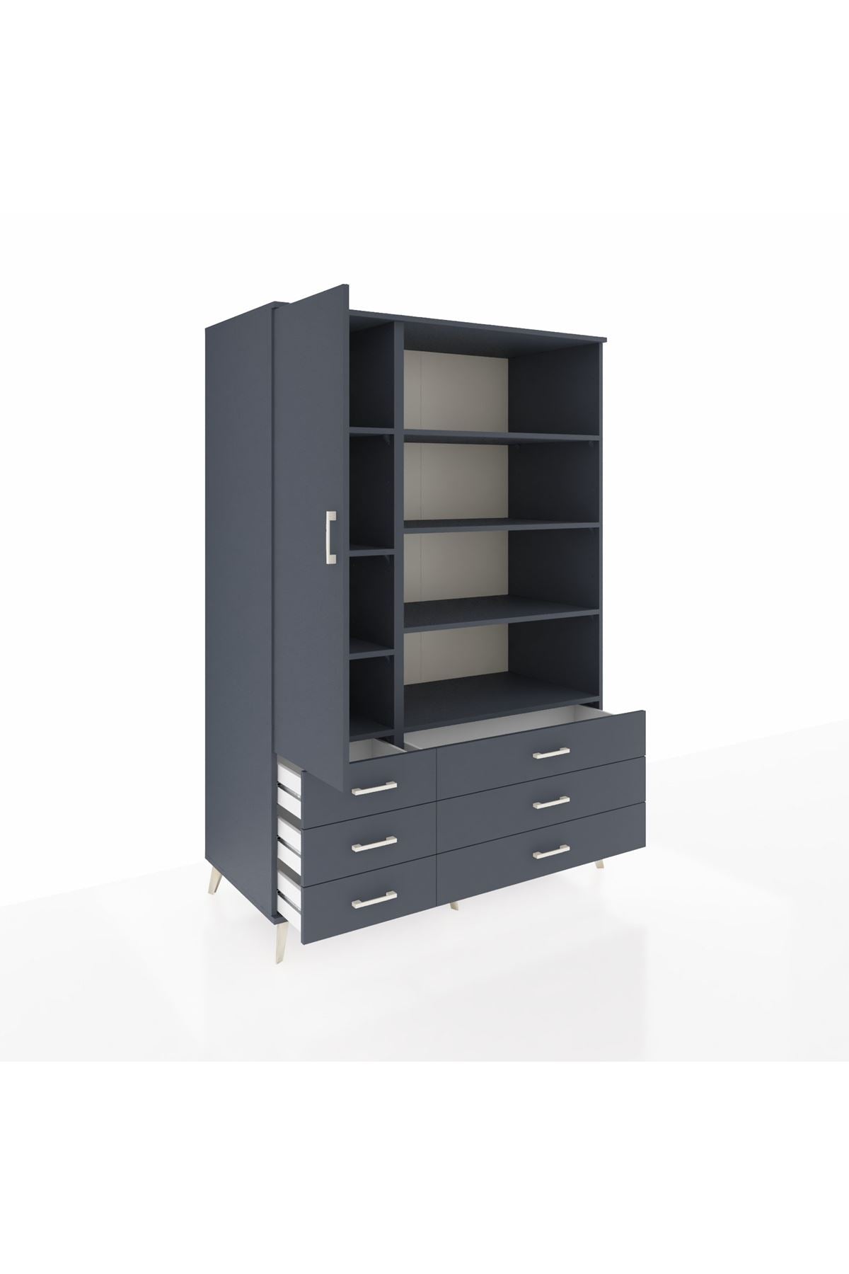 Kronos Dolap 8 Raflı 6 Çekmeceli Tek Kapaklı 132x59x195 Antrasit-Antrasit/Antrasit