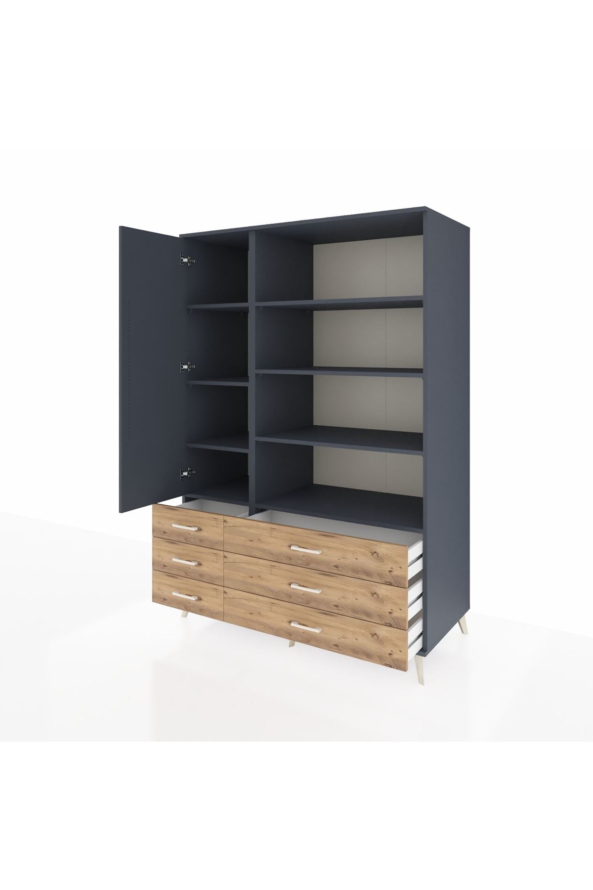 Kronos Dolap 8 Raflı 6 Çekmeceli Tek Kapaklı 132x59x195 Antrasit-Antrasit/Çam