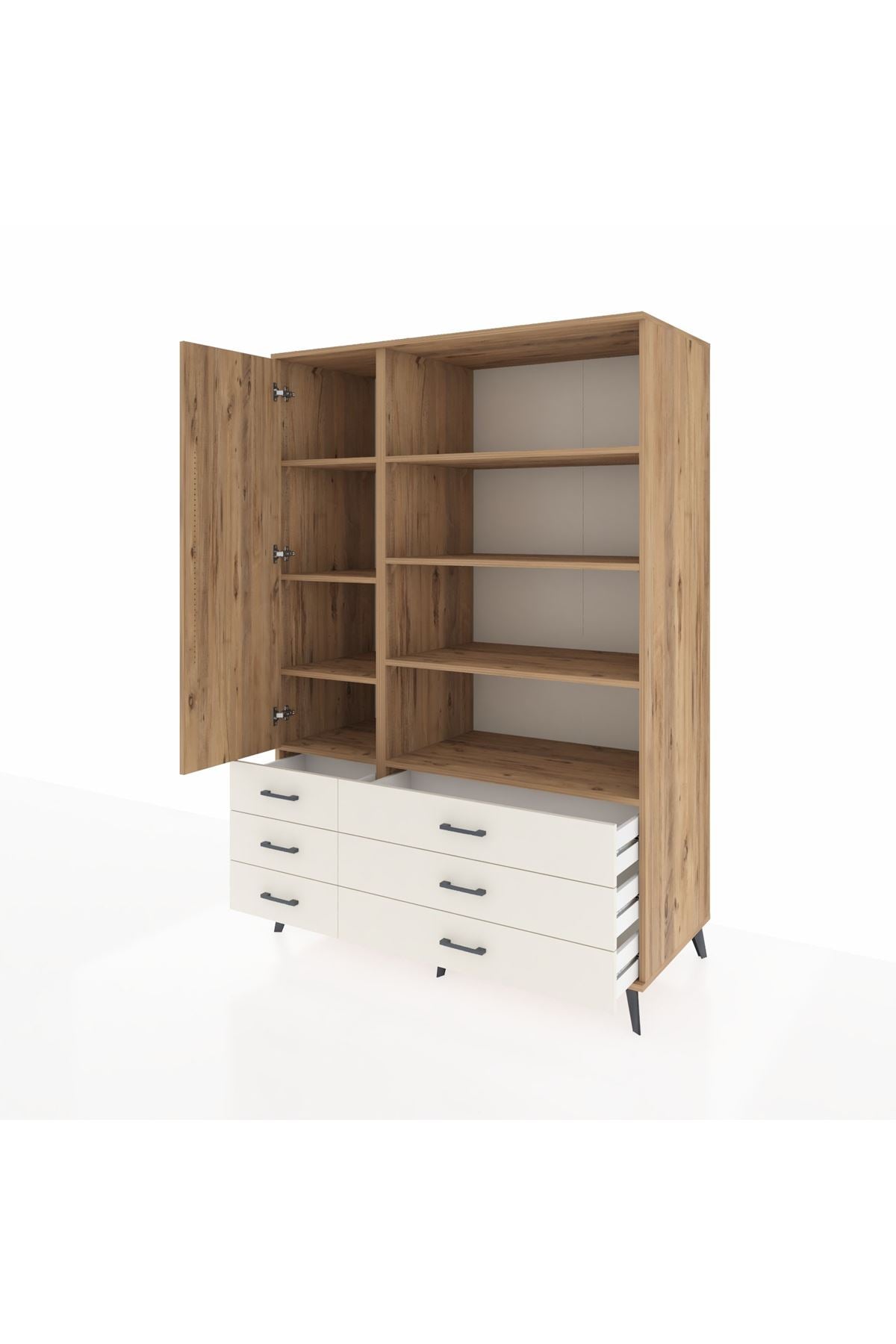 Kronos Dolap 8 Raflı 6 Çekmeceli Tek Kapaklı 132x59x195 Çam-Çam/Aytaşı