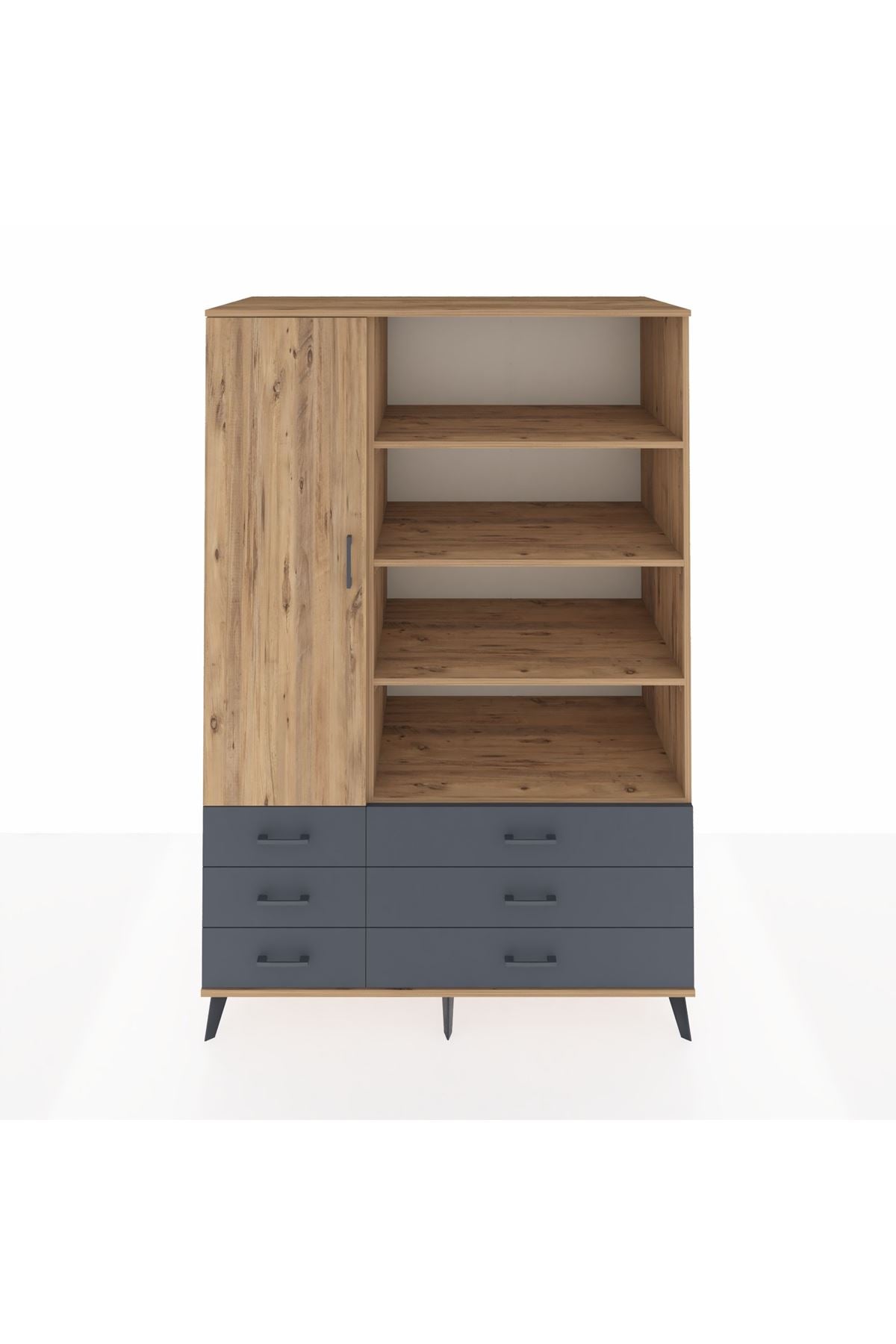 Kronos Dolap 8 Raflı 6 Çekmeceli Tek Kapaklı 132x59x195 Çam-Çam/Antrasit