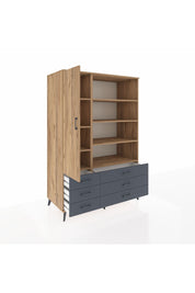 Kronos Dolap 8 Raflı 6 Çekmeceli Tek Kapaklı 132x59x195 Çam-Çam/Antrasit