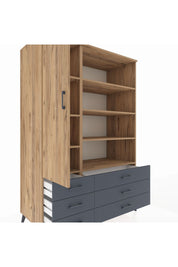 Kronos Dolap 8 Raflı 6 Çekmeceli Tek Kapaklı 132x59x195 Çam-Çam/Antrasit