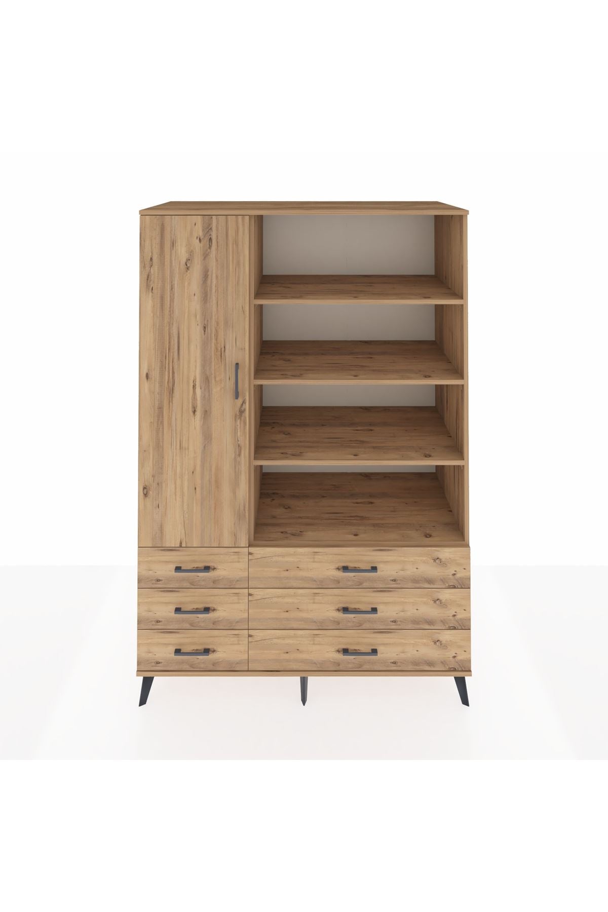 Kronos Dolap 8 Raflı 6 Çekmeceli Tek Kapaklı 132x59x195 Çam-Çam/Çam