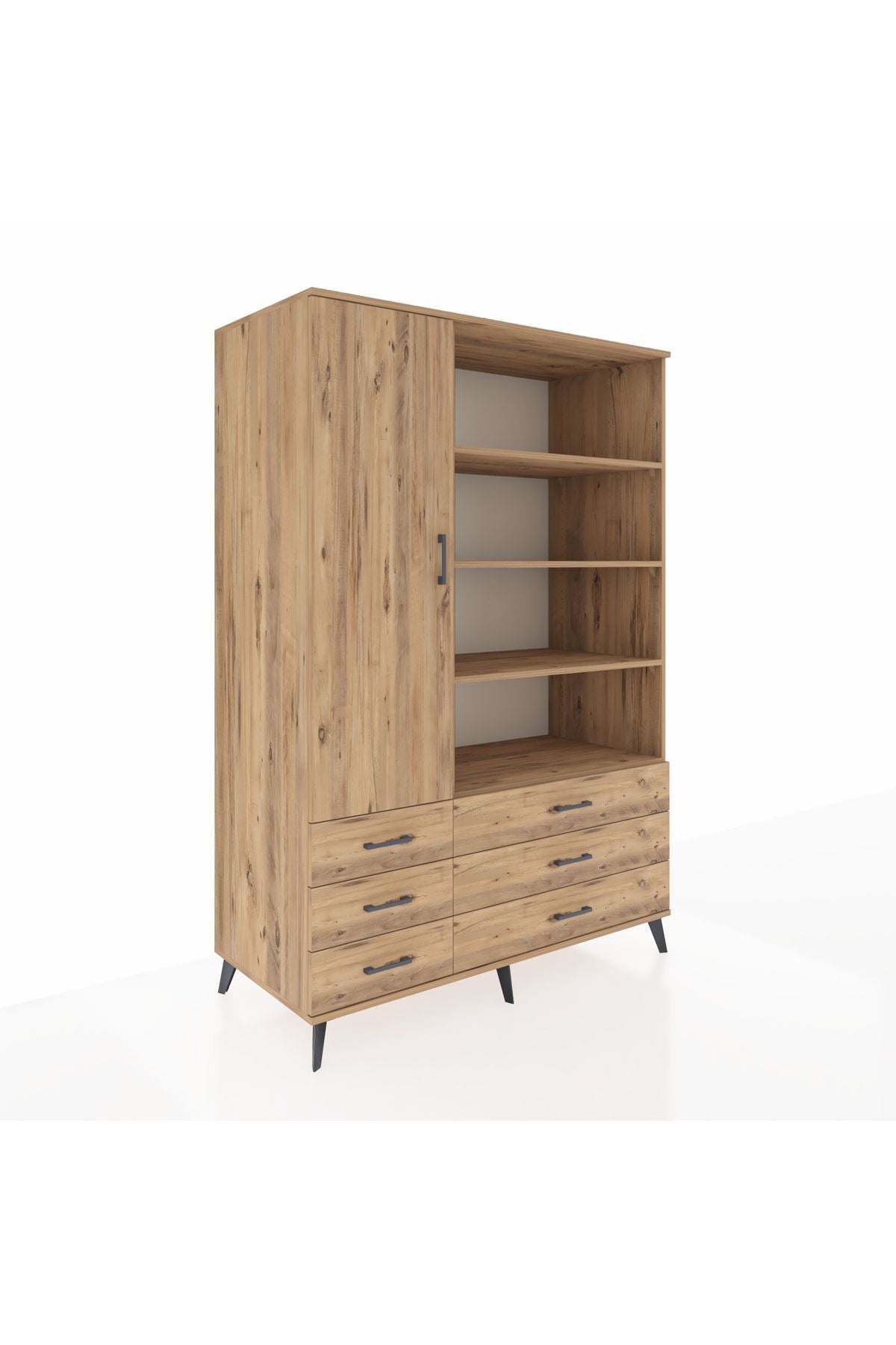 Kronos Dolap 8 Raflı 6 Çekmeceli Tek Kapaklı 132x59x195 Çam-Çam/Çam