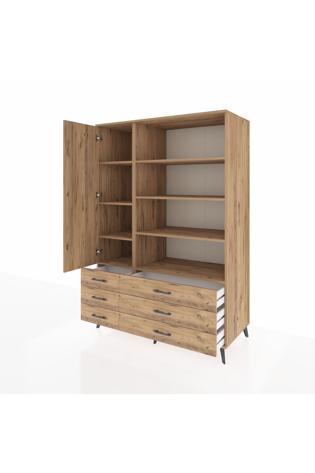 Kronos Dolap 8 Raflı 6 Çekmeceli Tek Kapaklı 132x59x195 Çam-Çam/Çam