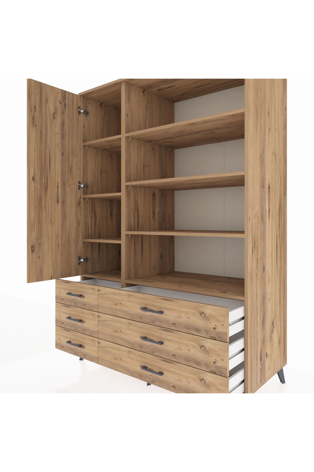 Kronos Dolap 8 Raflı 6 Çekmeceli Tek Kapaklı 132x59x195 Çam-Çam/Çam