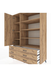 Kronos Dolap 8 Raflı 6 Çekmeceli Tek Kapaklı 132x59x195 Çam-Çam/Çam