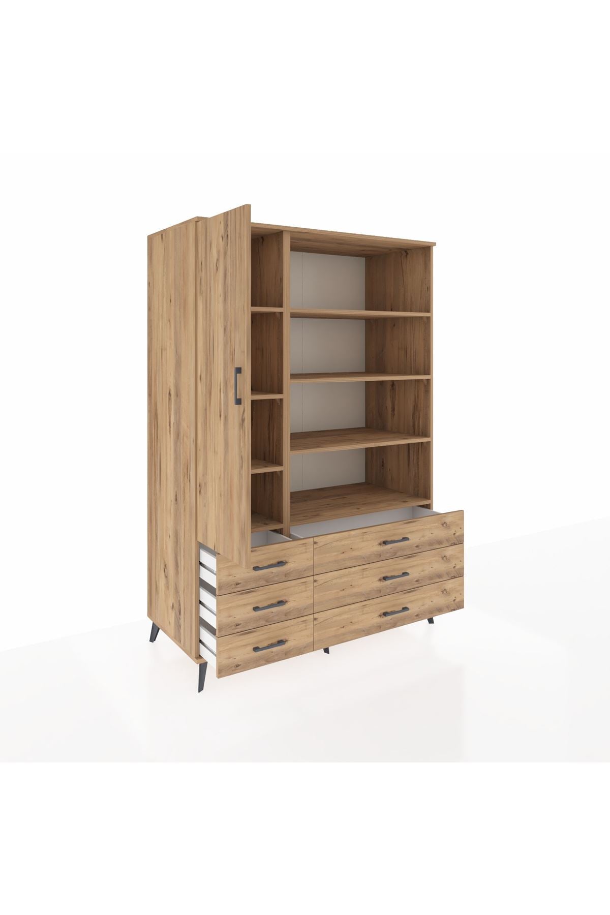 Kronos Dolap 8 Raflı 6 Çekmeceli Tek Kapaklı 132x59x195 Çam-Çam/Çam