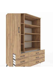 Kronos Dolap 8 Raflı 6 Çekmeceli Tek Kapaklı 132x59x195 Çam-Çam/Çam