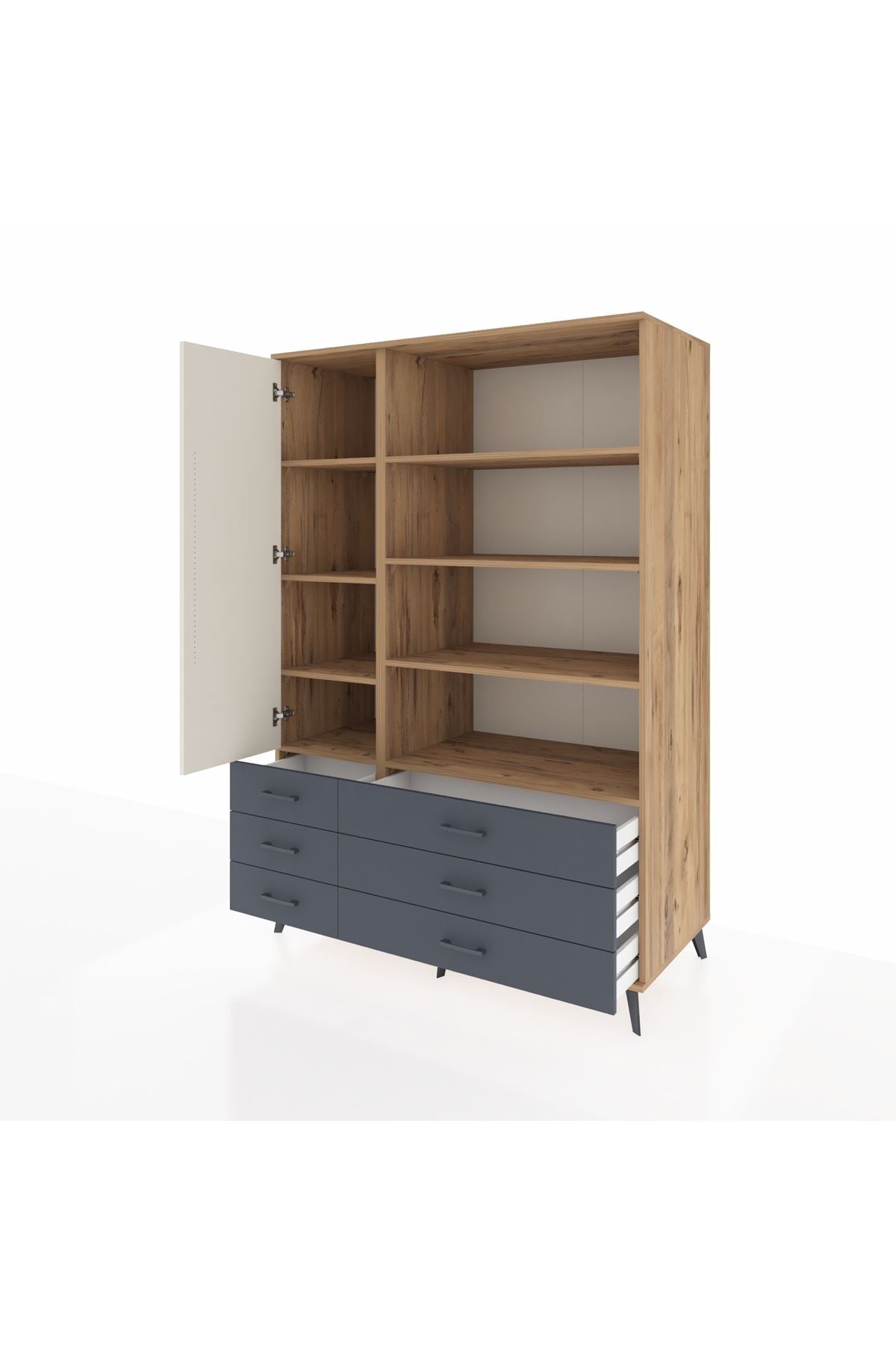 Kronos Dolap 8 Raflı 6 Çekmeceli Tek Kapaklı 132x59x195 Çam-Aytaşı/Antrasit