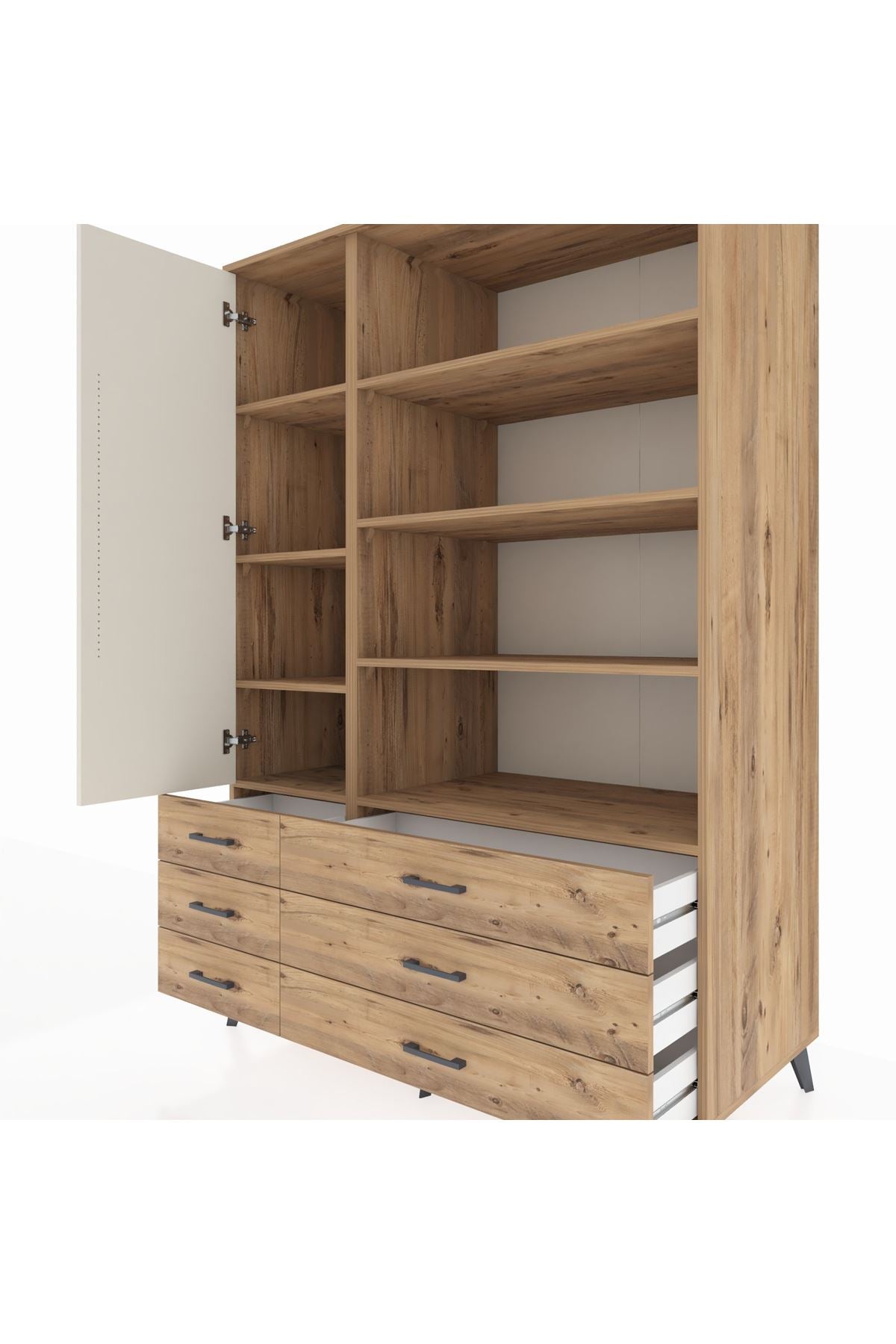 Kronos Dolap 8 Raflı 6 Çekmeceli Tek Kapaklı 132x59x195 Çam-Aytaşı/Çam