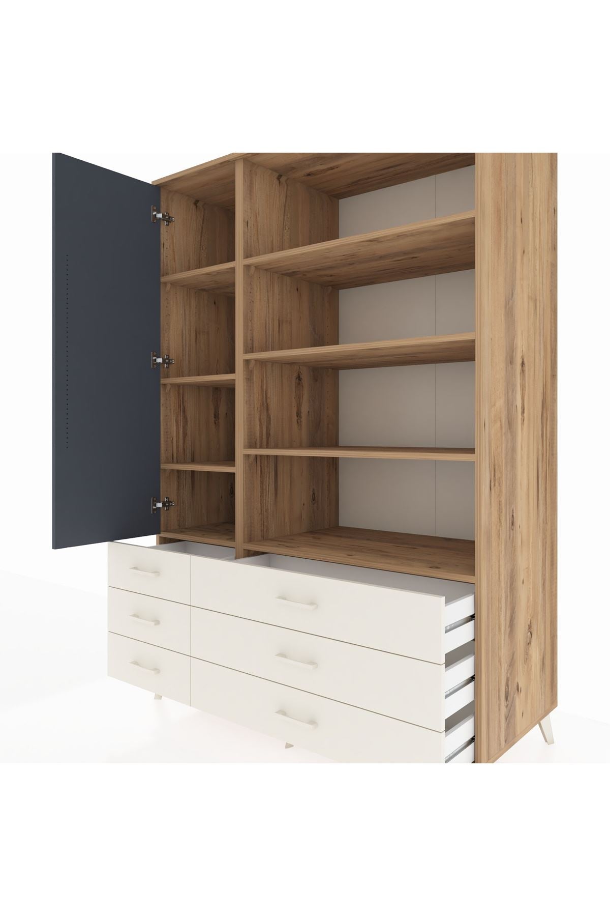 Kronos Dolap 8 Raflı 6 Çekmeceli Tek Kapaklı 132x59x195 Çam-Antrasit/Aytaşı